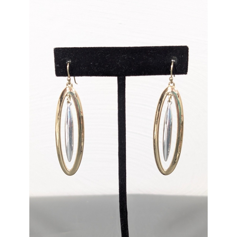 Liz Claiborne Two Tone Oval Dangle Earrings Pierced Long Gold Tone